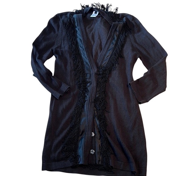 Nanette Lepore Sweaters - Nanette Lepore Black Fringe Trim Silk Satin Longline Cardigan Sweater Womens S